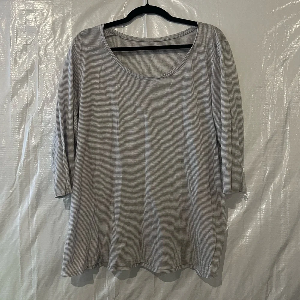 Eileen Fisher Gray & White Linen 3/4 Sleeve T-Shirt Size XL